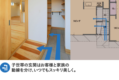 子世帯の玄関はお客様と家族の動線を分け、いつでもスッキリ美しく。